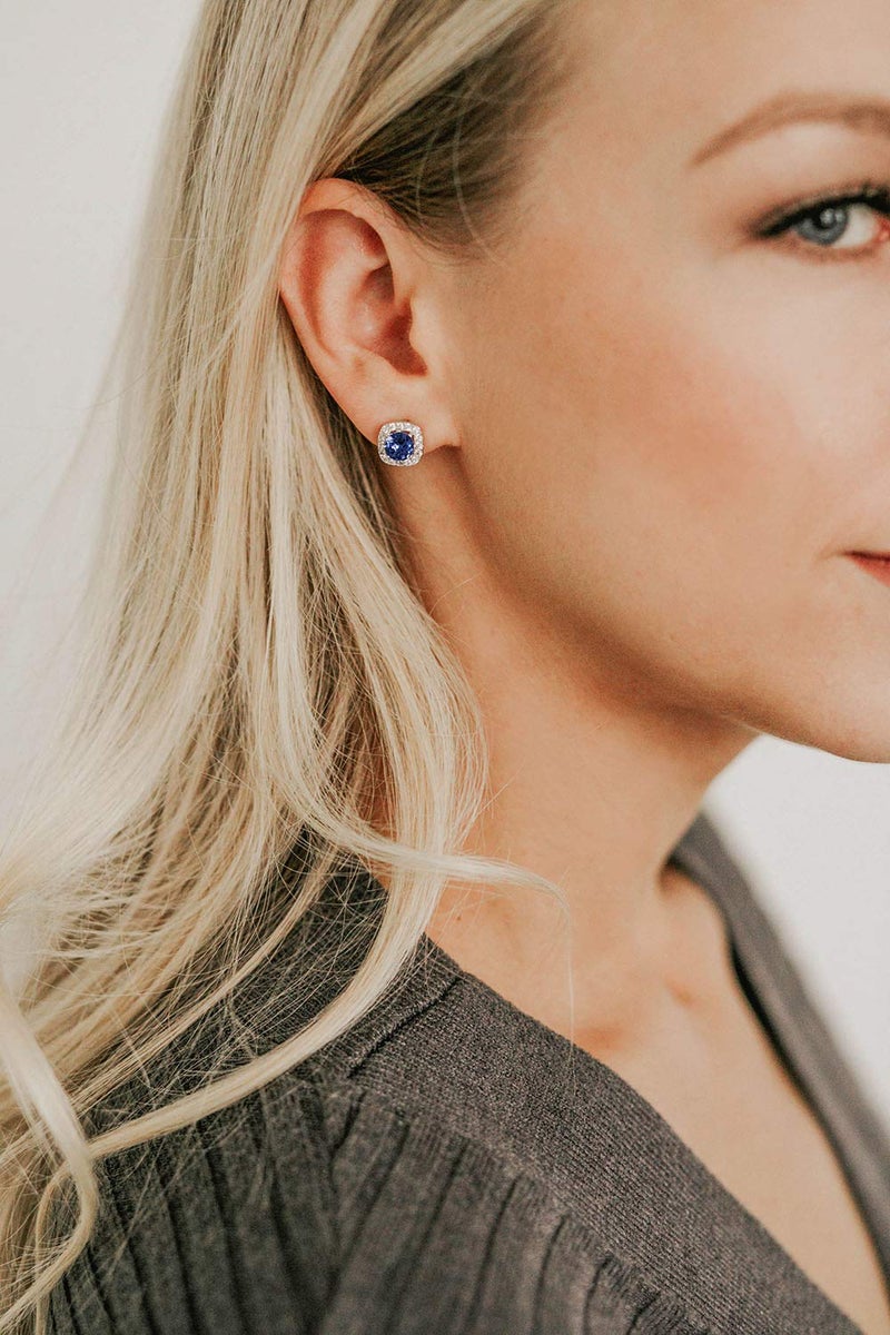 SWEETV Cubic Zirconia Rhinestone Stud Earrings for Women, Blue - Image 3